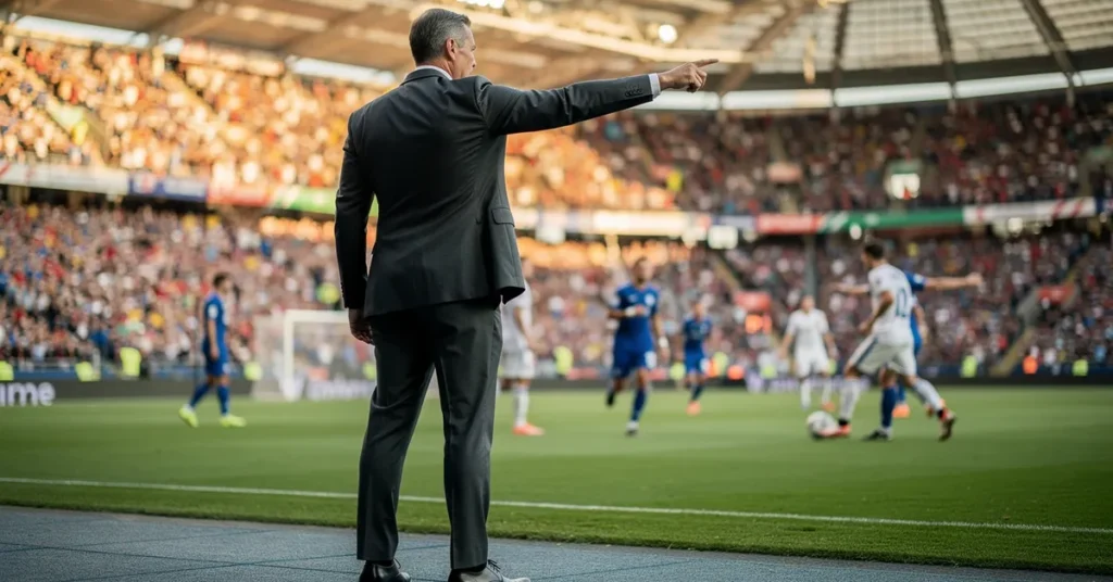 Sélectionneur de football de dos dirigeant son équipe, ambiance Coupe du Monde 2026