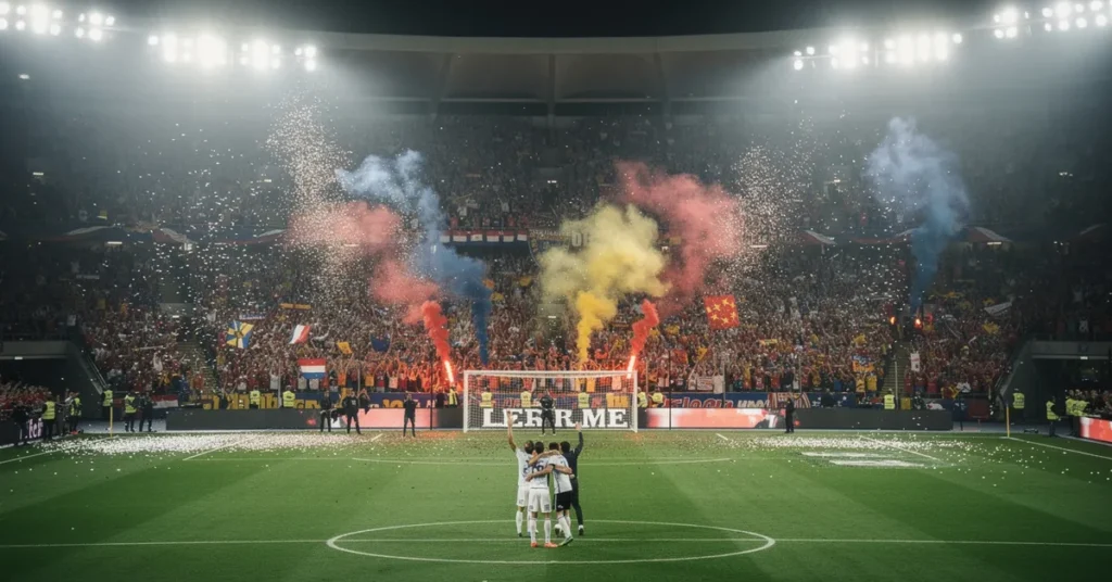 Stade de football illuminé la nuit, fumigènes et foule en fusion lors de la Coupe du Monde 2026