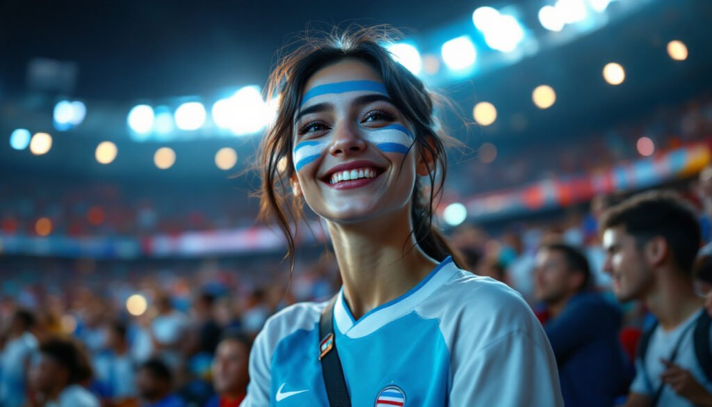 Supportrice ouzbèke en maillot blanc et bleu dans un stade, Coupe du Monde 2026