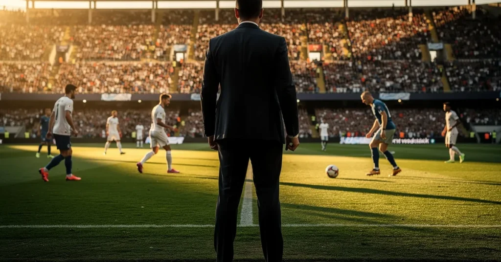 Sélectionneur de football de dos sur la touche, ambiance Coupe du Monde 2026 golden hour