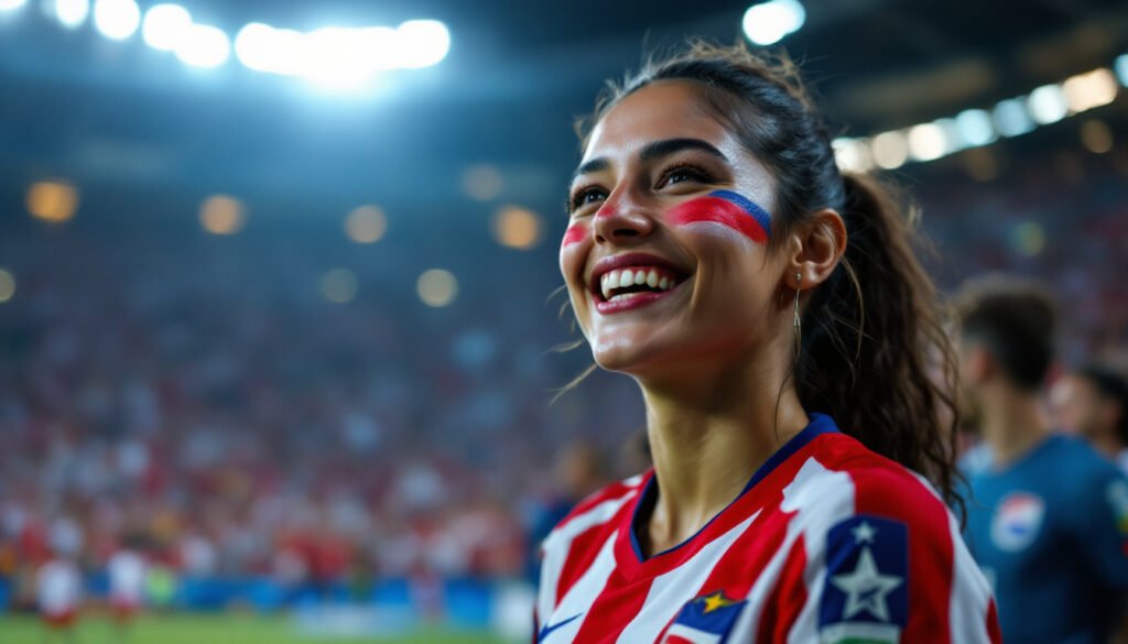 Supportrice paraguayenne en maillot rouge et blanc dans un stade, Coupe du Monde 2026