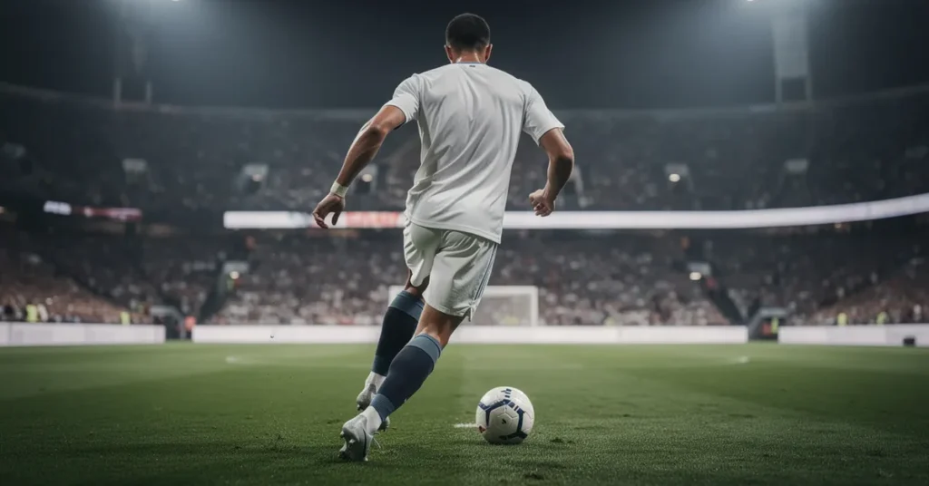 Meneur de jeu de football en maillot blanc vu de dos, Coupe du Monde 2026