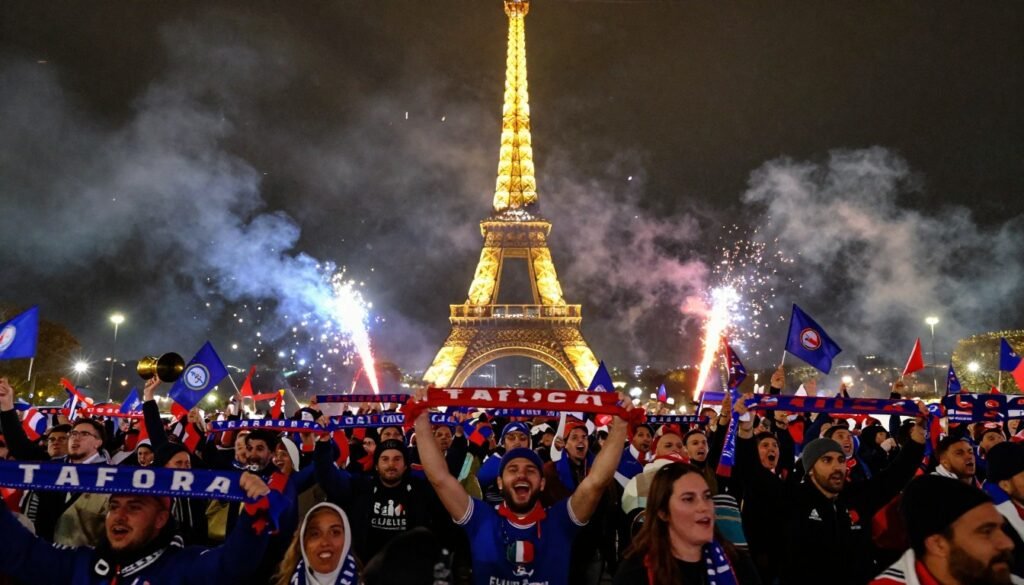 Supporters parisiens en bleu et rouge célébrant le sacre du PSG en Ligue des champions devant la Tour Eiffel illuminée