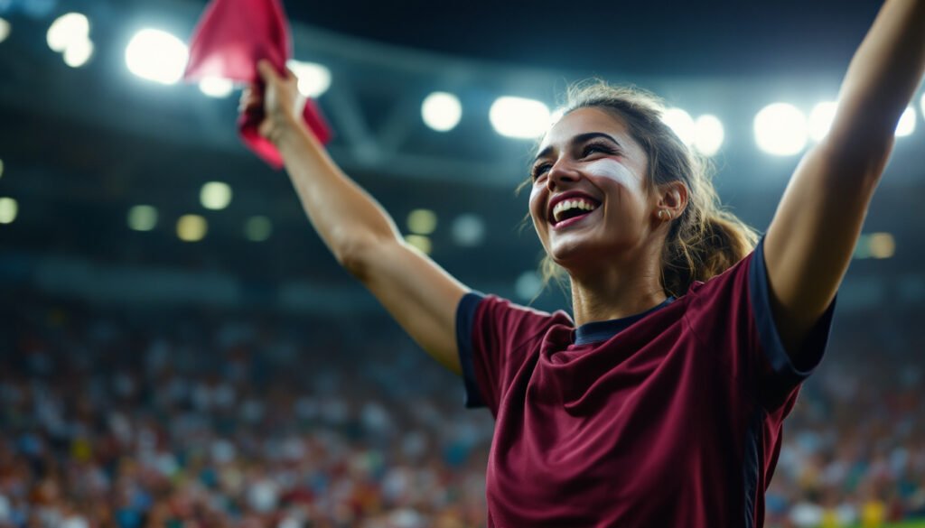 Supportrice qatarie en maillot grenat dans un stade, Coupe du Monde 2026