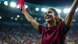 Supportrice qatarie en maillot grenat dans un stade, Coupe du Monde 2026