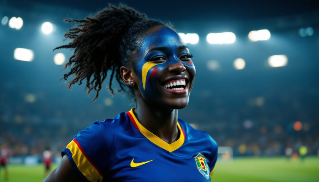 Supportrice congolaise (RD Congo) en maillot bleu dans un stade, Coupe du Monde 2026