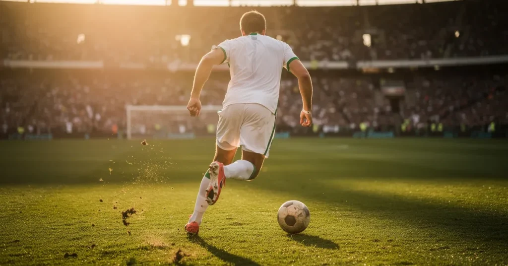 Attaquant de football en maillot vert et blanc vu de dos, Coupe du Monde 2026