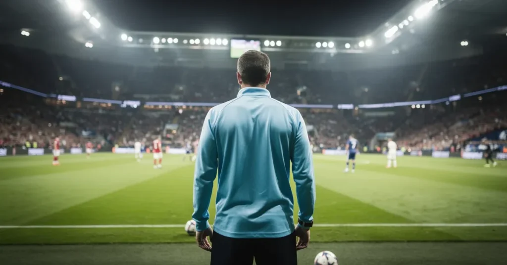 Sélectionneur de football en veste bleu ciel vu de dos, ambiance Coupe du Monde 2026 en nocturne