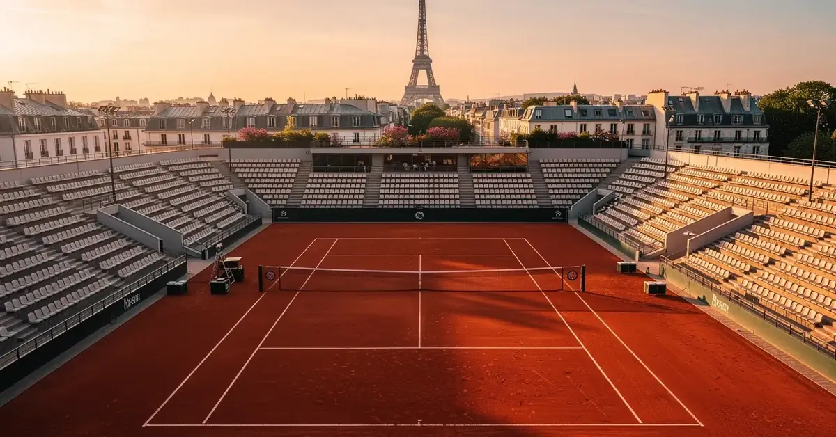 Court de terre battue de Roland-Garros vue aérienne avec la Tour Eiffel