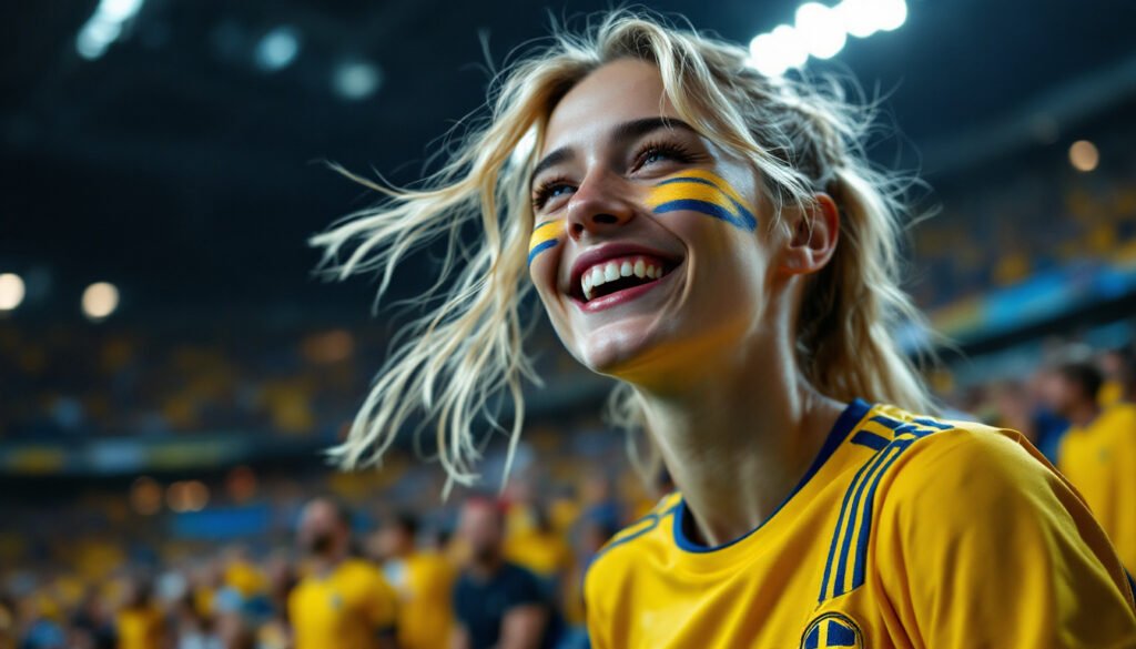 Supportrice suédoise en maillot jaune dans un stade, Coupe du Monde 2026