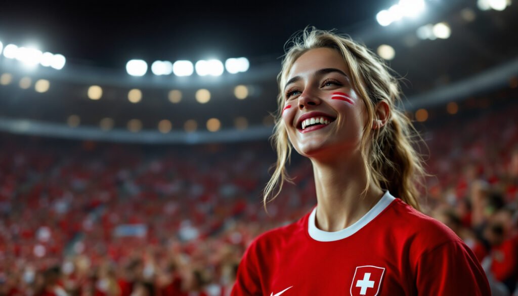 Supportrice suisse en maillot rouge dans un stade, Coupe du Monde 2026