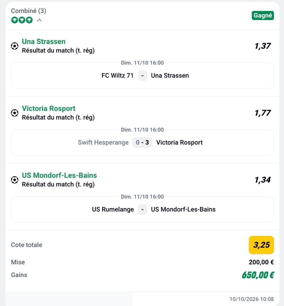 Ticket de pari sportif gagnant d'un membre MediaPronos