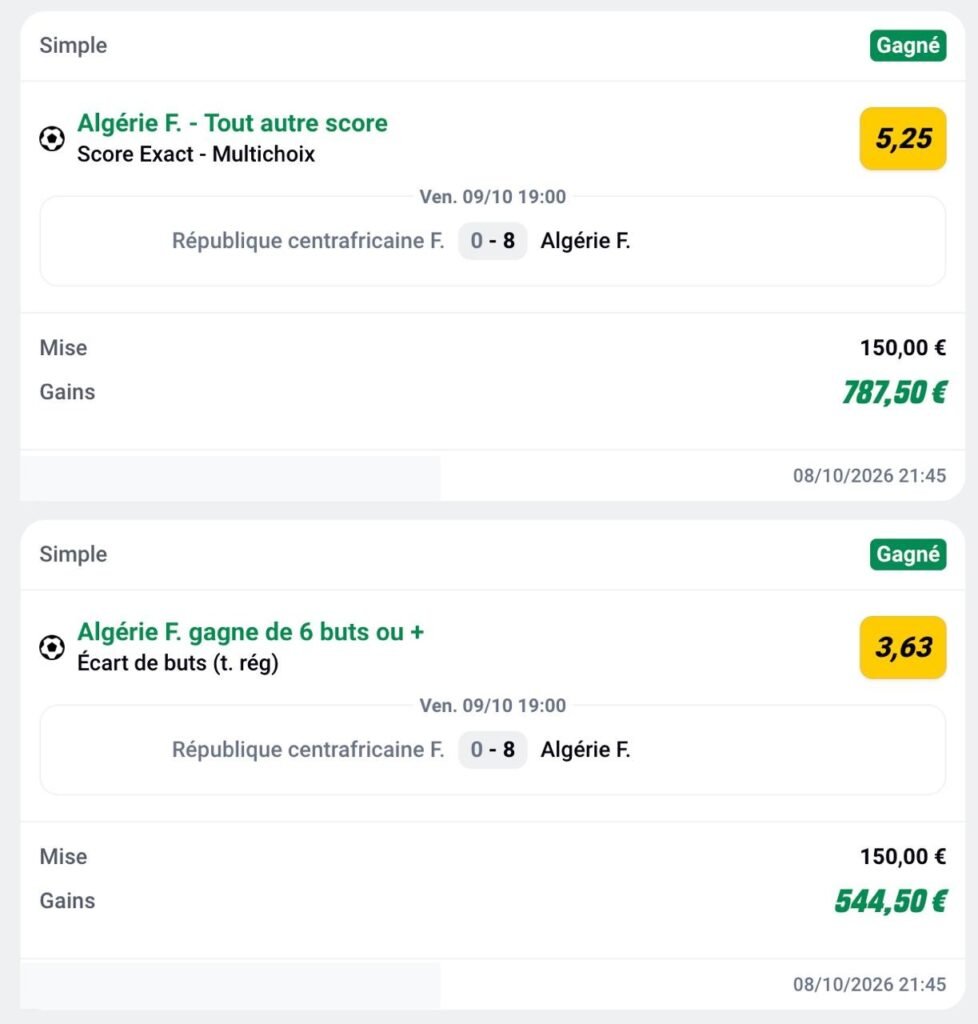 Ticket de pari sportif gagnant d'un membre MediaPronos