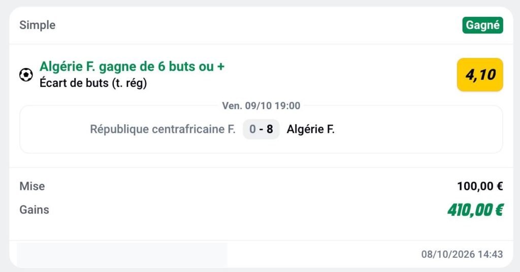 Ticket de pari sportif gagnant d'un membre MediaPronos