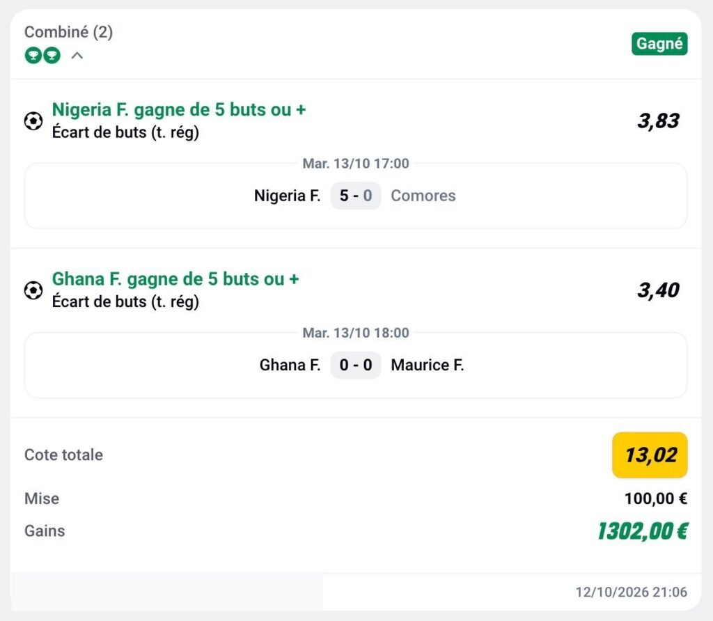 Ticket de pari sportif gagnant d'un membre MediaPronos