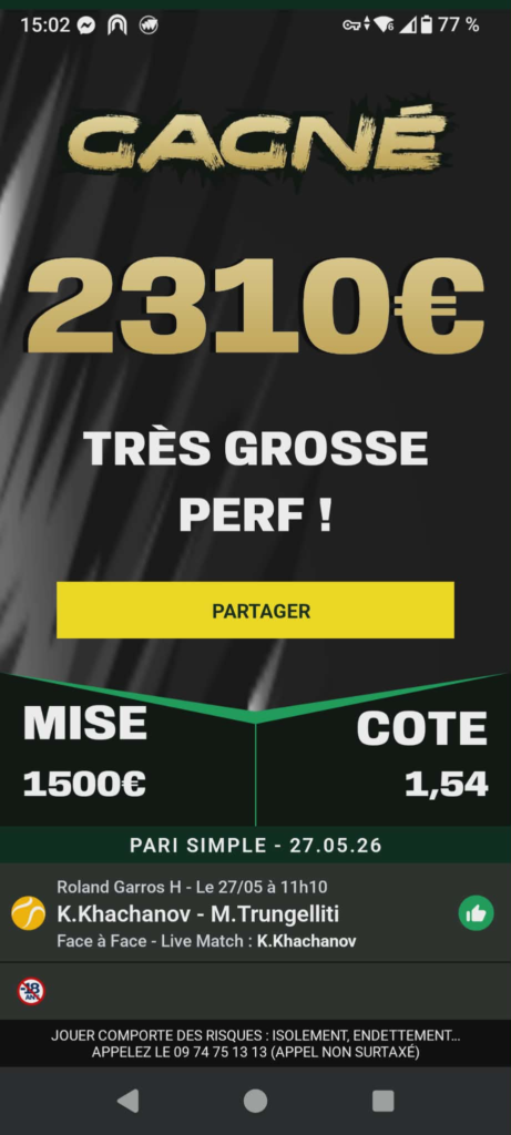 Ticket de pari sportif gagnant d'un membre MediaPronos