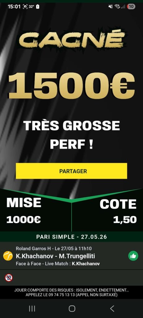 Ticket de pari sportif gagnant d'un membre MediaPronos