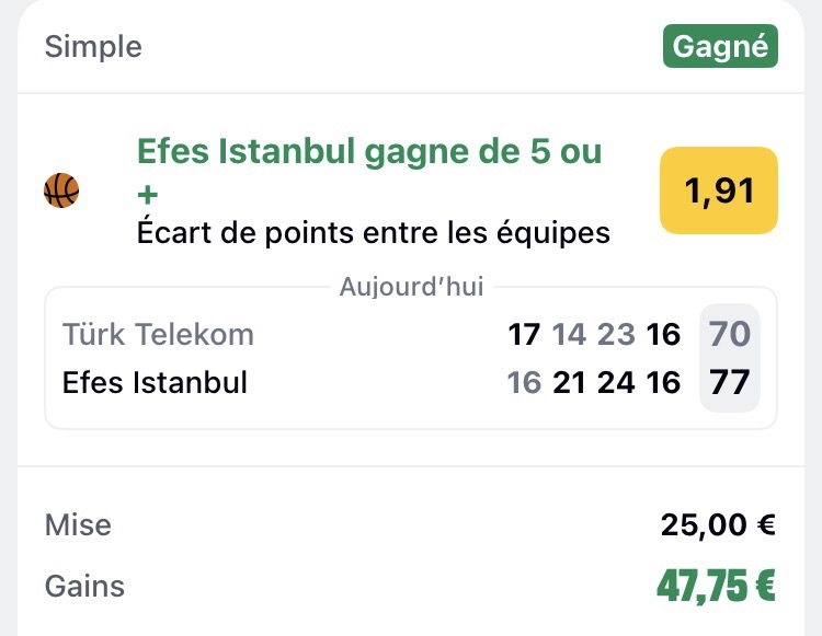 Ticket de pari sportif gagnant d'un membre MediaPronos