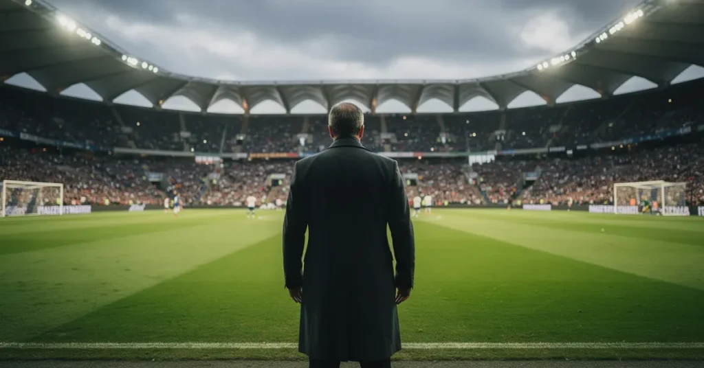 Sélectionneur de football en manteau sombre vu de dos sur la touche, ambiance Coupe du Monde 2026