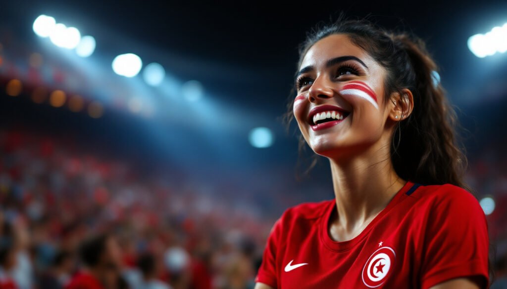 Supportrice tunisienne en maillot rouge dans un stade, Coupe du Monde 2026