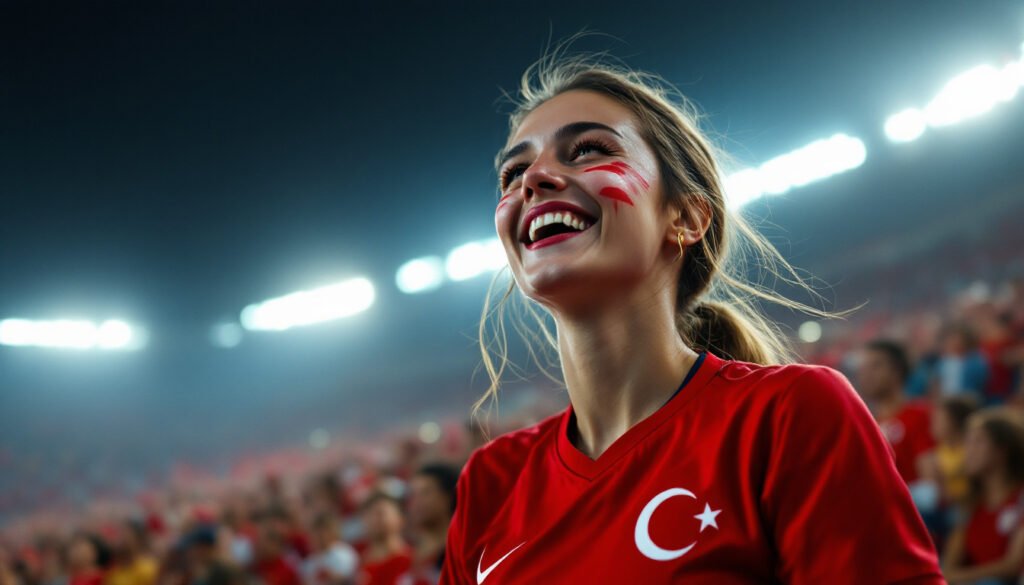 Supportrice turque en maillot rouge dans un stade, Coupe du Monde 2026