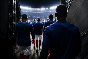 Joueurs de l’équipe de France entrant sur le terrain avant Paraguay France