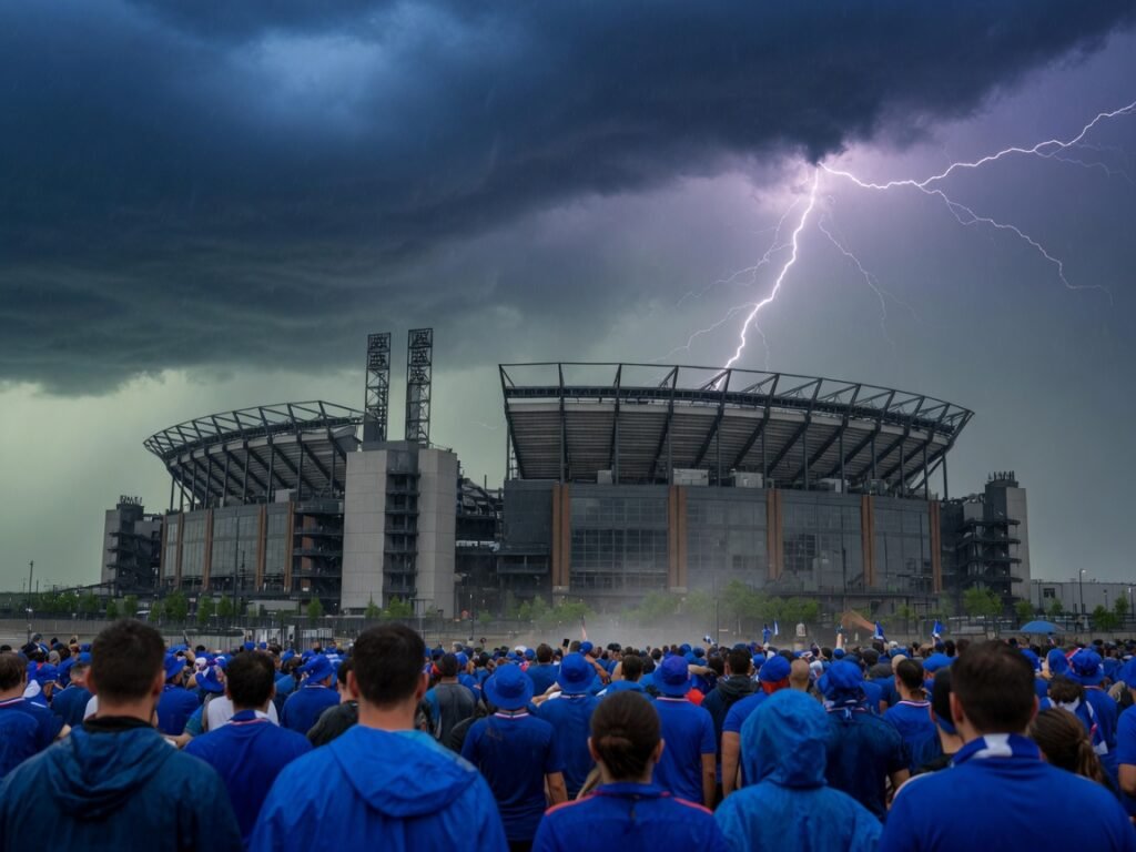 Supporters français devant le stade de Philadelphie sous l’orage avant Paraguay France