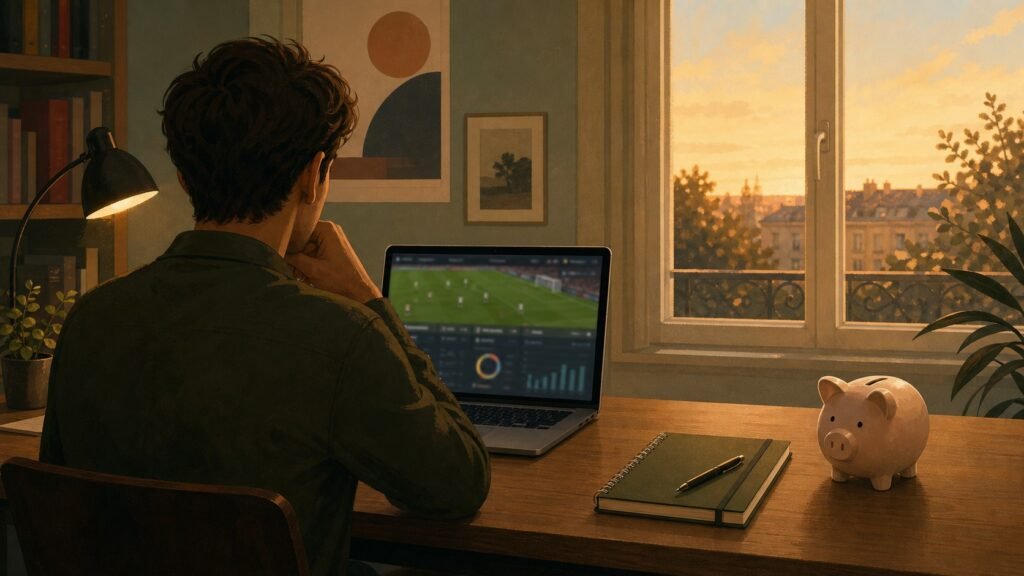 Un jeune adulte devant un match de football et une tirelire, illustration de la séparation entre paris et épargne