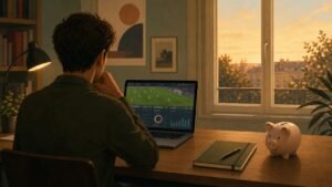 Un jeune adulte devant un match de football et une tirelire, illustration de la séparation entre paris et épargne