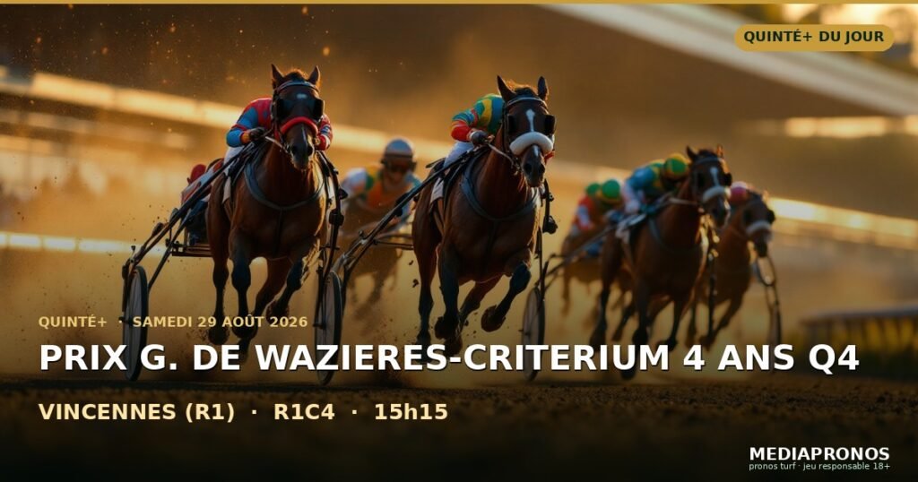 Quinte+ 2026-08-29 : 4ème course - Prix G. De Wazieres-Criterium 4 Ans Q4 a Vincennes (R1) - pronostic MediaPronos