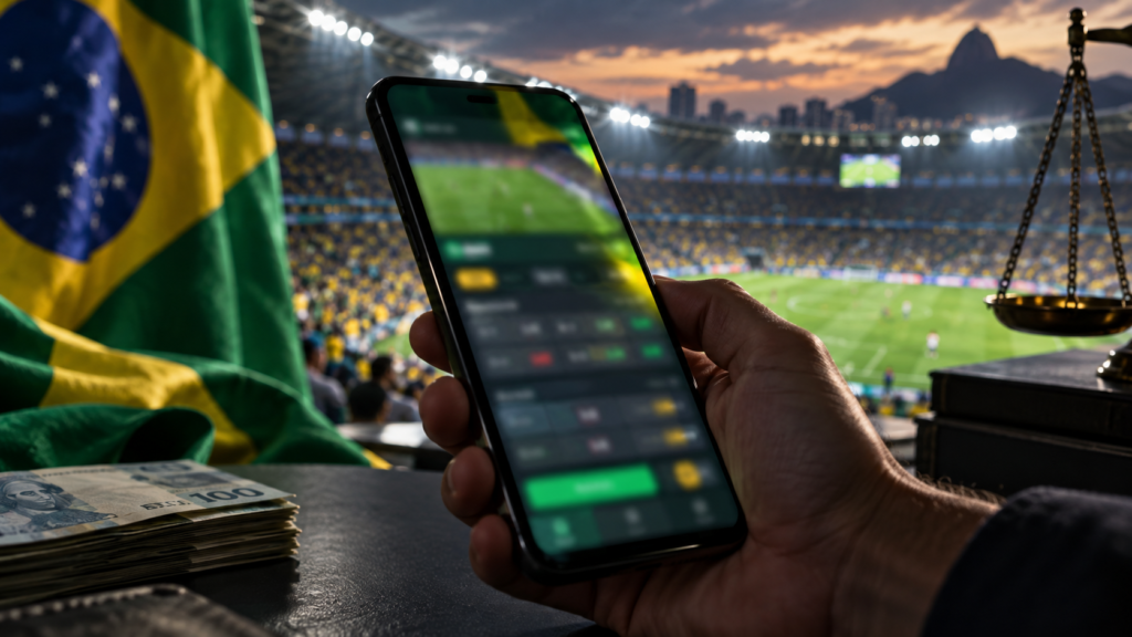 Drapeau du Brésil, smartphone affichant une interface de paris et balance de la justice dans un stade