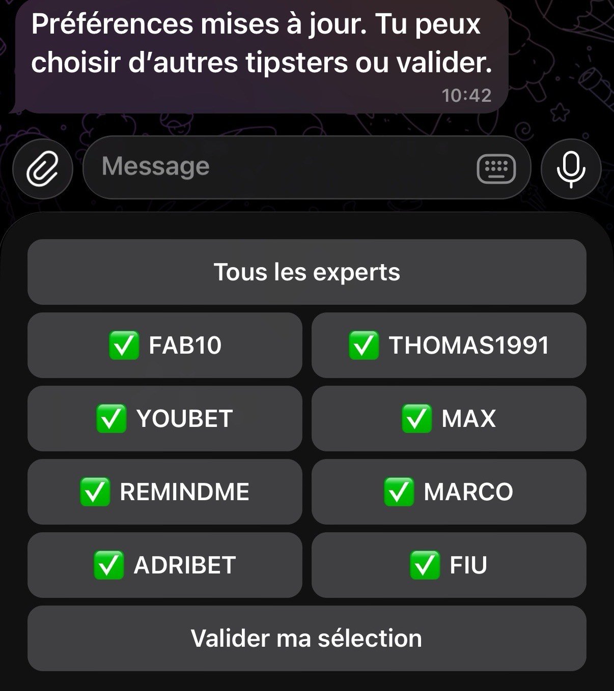 Menu Telegram pour choisir les tipsters dont recevoir les alertes privées