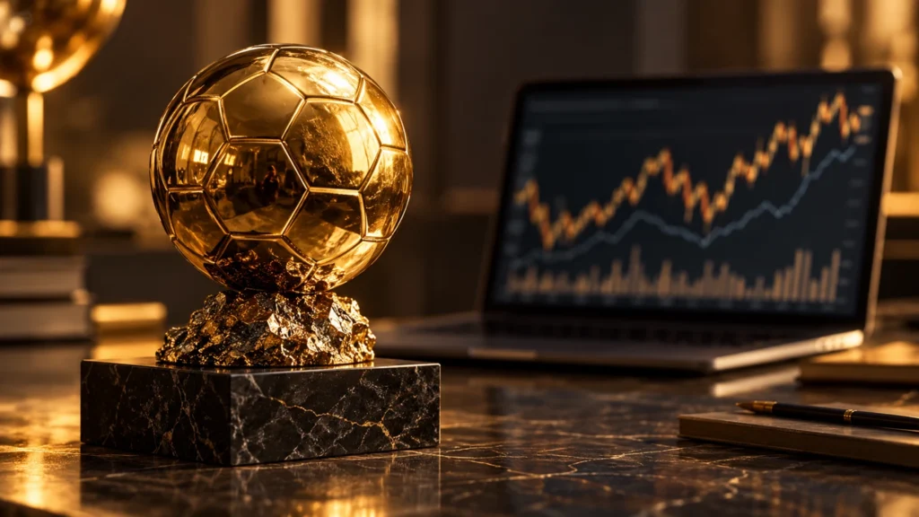 Illustration : trophée de football doré devant un graphique de marché