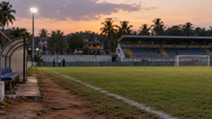 Illustration éditoriale générique d’un stade de football au crépuscule, pour un article sur une enquête à Goa.