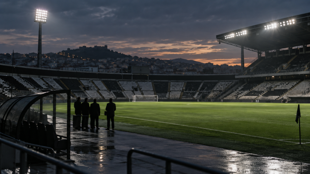 Illustration éditoriale d’un stade de football presque vide après la pluie, pour un article sur des sanctions disciplinaires en Grèce.