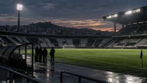 Illustration éditoriale d’un stade de football presque vide après la pluie, pour un article sur des sanctions disciplinaires en Grèce.