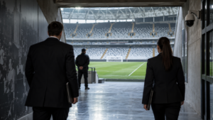 Illustration éditoriale d’un stade de football et d’une caméra de surveillance, sans représenter les lieux réels du dossier.